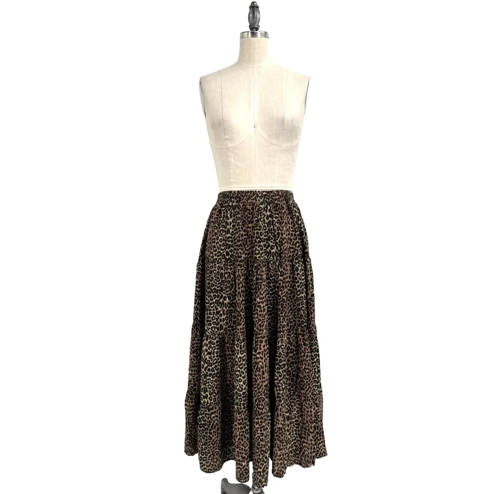 Scott Taylor Vintage Leopard Print Midi Skirt Large Elastic Pull‎ On Rayon USA